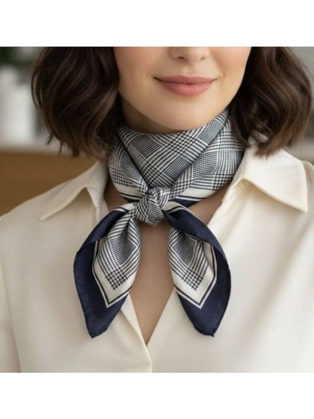 ❤️Elegant Bandana Square Scarf Silky Satin Soft BLACK Beige Hounds Tooth hijab❤️